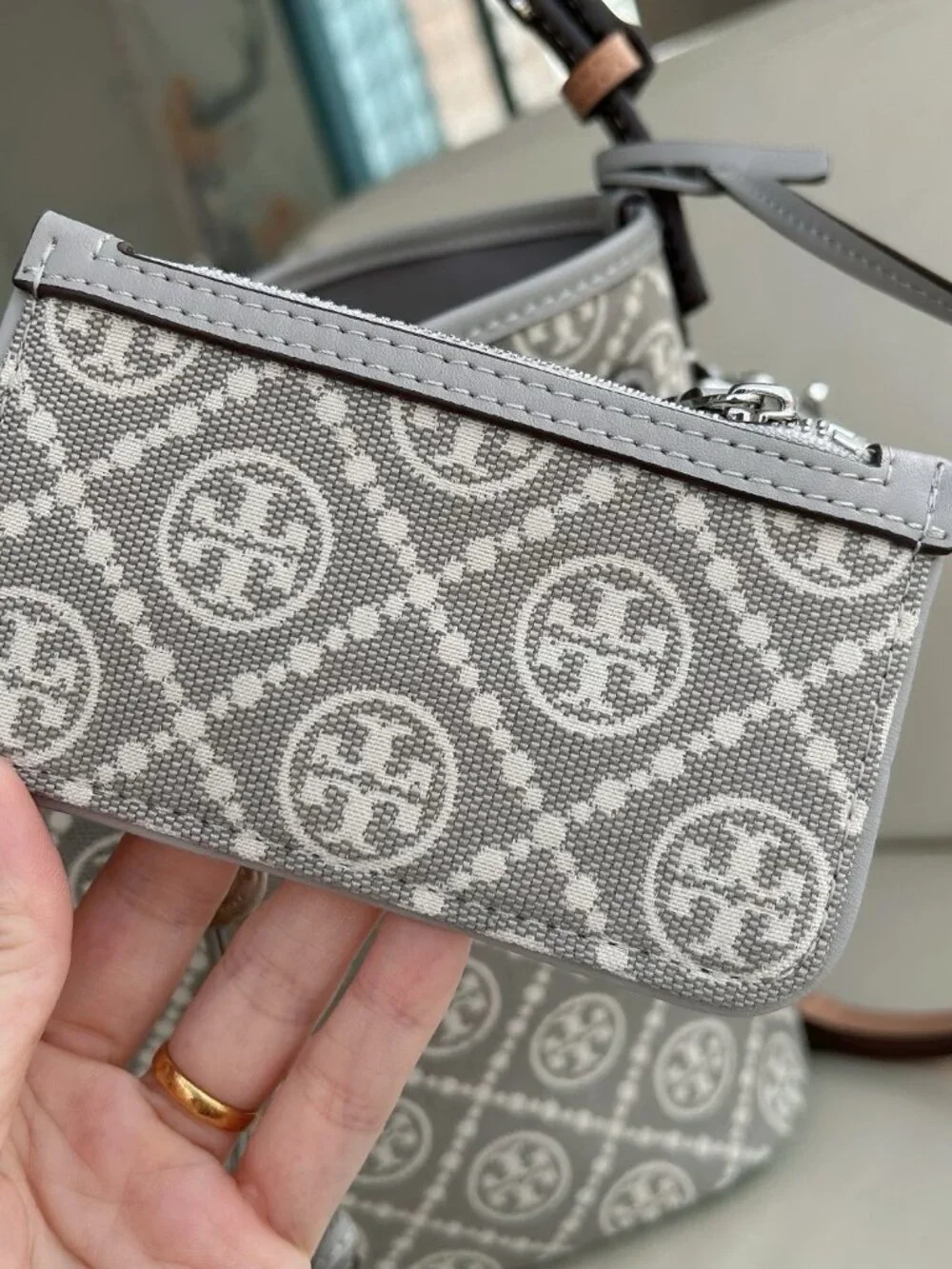 Tory Burch Monogram Jacquard Bucket Bag Grey Full Set With Mini